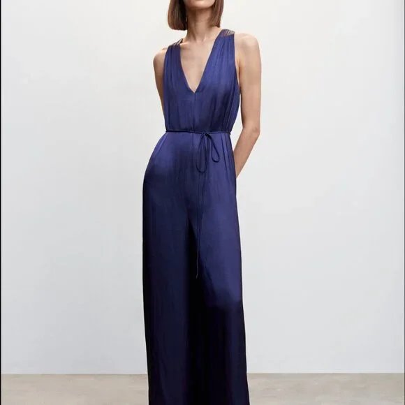 NWOT Mango Satin cross-back jumpsuit blue Size Small - Picture 1 of 10